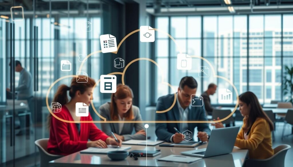 A cloud-like platform with interlocking files and documents, representing seamless collaboration between users. The foreground showcases a group of diverse professionals working together in a vibrant, well-lit setting. The middle ground features a sleek and intuitive user interface, with clear icons and controls. In the background, a panoramic view of the ThetechnestHQ office, with tall windows and a modern, minimalist aesthetic. The overall mood is one of productivity, efficiency, and a sense of teamwork. A cloud-like platform with interlocking files and documents, representing seamless collaboration between users. The foreground showcases a group of diverse professionals working together in a vibrant, well-lit setting. The middle ground features a sleek and intuitive user interface, with clear icons and controls. In the background, a panoramic view of the ThetechnestHQ office, with tall windows and a modern, minimalist aesthetic. The overall mood is one of productivity, efficiency, and a sense of teamwork.