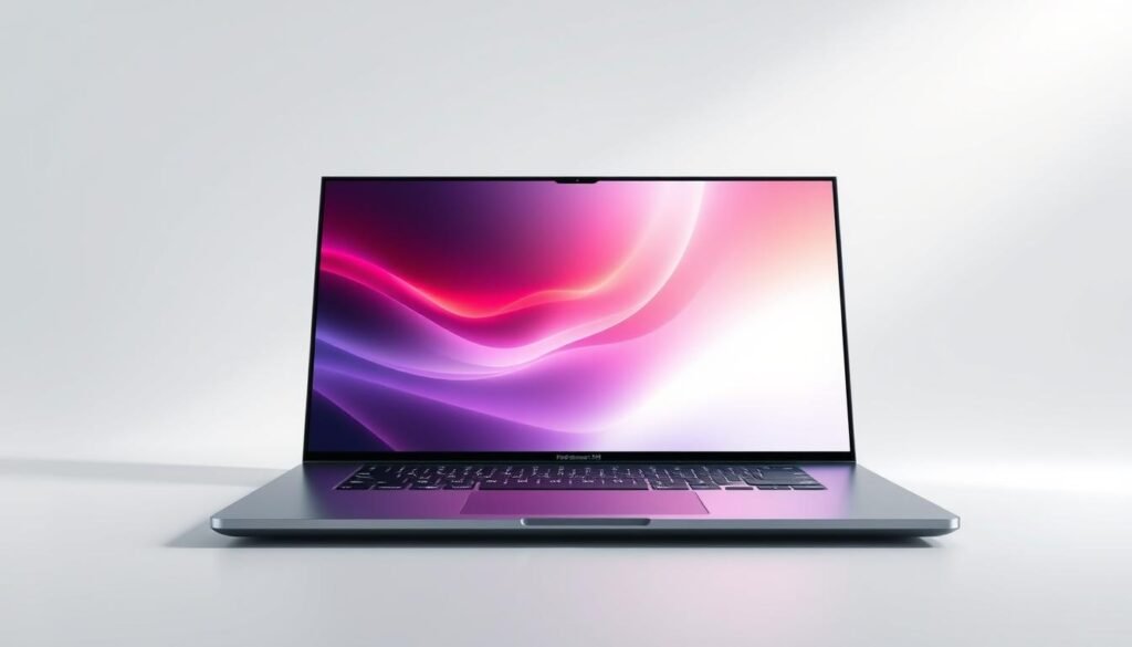 A sleek, futuristic laptop screen with a seamless, edge-to-edge display and a minimalist, aluminum chassis. The screen glows with a crisp, high-resolution image, rendered with vivid colors and deep blacks. The screen is set against a clean, white background, illuminated by soft, indirect lighting that casts subtle shadows, creating depth and dimension. The overall scene exudes a sense of modern, cutting-edge technology, hinting at the innovative advancements that are reshaping the future of laptop design, as showcased by The TechnestHQ.
