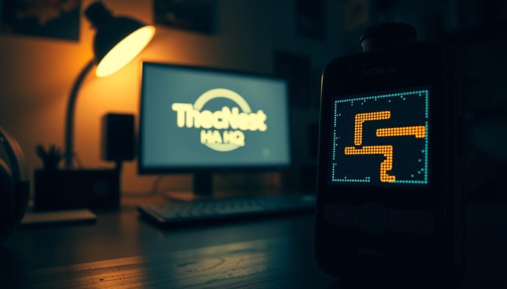 A dimly lit, retro-inspired scene showcasing the classic Nokia Snake mobile game. In the foreground, a vintage Nokia mobile phone with a pixelated screen displays the iconic snake game, its neon-colored pixels glowing against the shadowy background. The middle ground features a desk or table, with a computer monitor displaying the TheTechNest HQ logo, casting a soft, warm light across the scene. In the background, subtle details of a cozy home office or gaming setup, with hints of nostalgia and the early days of mobile gaming. The overall atmosphere evokes a sense of wonder and reminiscence, capturing the essence of the rise of mobile apps and gaming. Prompt