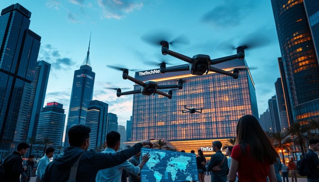 A futuristic cityscape at dusk, with towering skyscrapers made of sleek glass and metal. In the foreground, a group of people interact with holographic displays, their hands gesturing to manipulate data. Hovering above them, a fleet of autonomous drones equipped with advanced cameras and sensors. In the distance, a massive TheTechNest HQ building, its facade illuminated with a warm glow, symbolizing the hub of innovation. The scene is bathed in a vibrant, neon-tinged lighting, creating a sense of technological wonder and progress. Cinematic camera angle captures the dynamic energy and forward-thinking nature of future mobile technology.