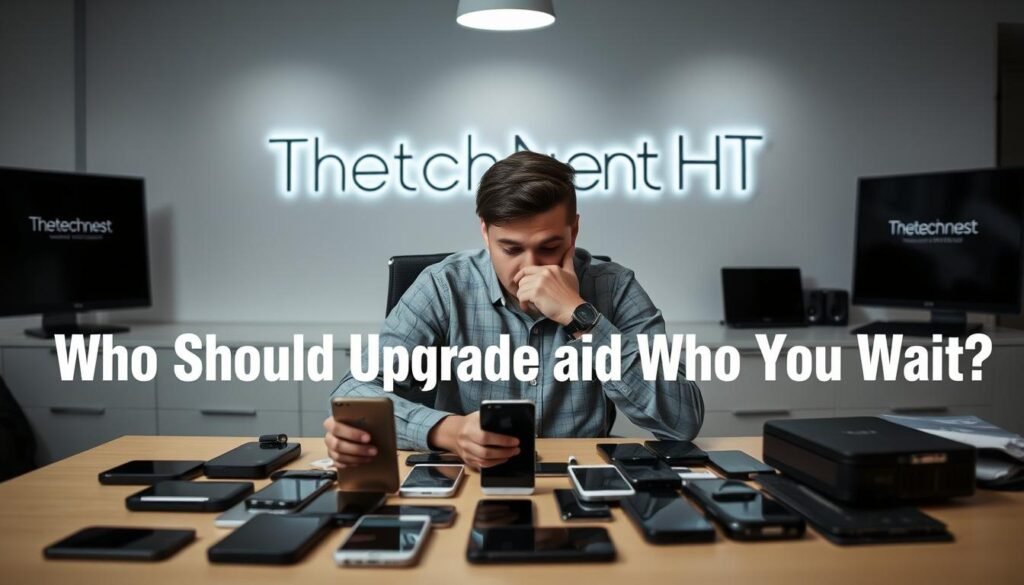 A person sitting at a desk, contemplating their next phone upgrade decision. The scene is set in a modern, minimalist office space with sleek Thetechnest HQ branding visible in the background. The lighting is soft and diffused, creating a pensive, contemplative mood. The subject's expression is thoughtful, as they carefully weigh the pros and cons of upgrading their current device. The desk is cluttered with various smartphone models, highlighting the wide range of options available. The overall composition conveys the idea of a crucial decision-making moment, setting the stage for the "Who Should Upgrade and Who Should Wait" section of the article. A person sitting at a desk, contemplating their next phone upgrade decision. The scene is set in a modern, minimalist office space with sleek Thetechnest HQ branding visible in the background. The lighting is soft and diffused, creating a pensive, contemplative mood. The subject's expression is thoughtful, as they carefully weigh the pros and cons of upgrading their current device. The desk is cluttered with various smartphone models, highlighting the wide range of options available. The overall composition conveys the idea of a crucial decision-making moment, setting the stage for the "Who Should Upgrade and Who Should Wait" section of the article.