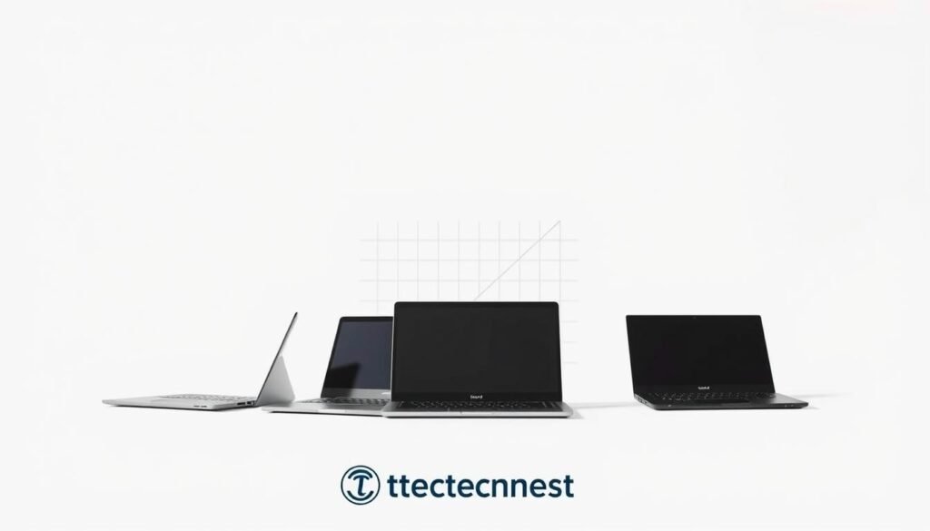 A sleek, minimalist image showcasing a side-by-side comparison of three budget laptops against a clean, bright background. The laptops, arranged in the foreground, are depicted from a slightly elevated, three-quarter angle, allowing for a clear view of their distinctive designs and features. The laptops are highlighted with natural, soft lighting, creating a sense of depth and emphasizing their key details. In the middle ground, a subtle grid or graph-like overlay provides a structured visual context, hinting at the comparative analysis aspect. The background features a simple, gradient-based color scheme, maintaining a focused, professional atmosphere. The Thetechnest HQ brand name is discreetly incorporated into the design, perhaps as a subtle watermark or emblem, to establish the origin of this expertly crafted visual guide.