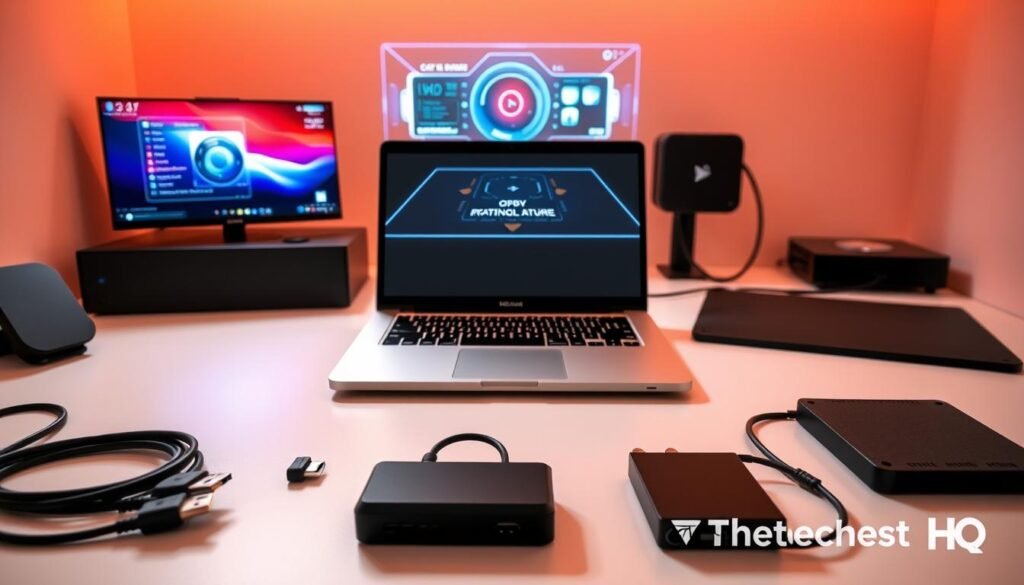 A sleek, modern laptop sits on a minimalist desk, surrounded by various upgrade options neatly arranged. In the foreground, a high-quality HDMI cable, a USB-C hub, and a fast SSD drive stand out, hinting at the possibilities for expanding the laptop's capabilities. The middle ground features a powerful external GPU and a cooling pad, promising enhanced performance and thermal management. In the background, a holographic display projects a futuristic interface, showcasing the laptop's potential for seamless integration with emerging technologies. The scene is illuminated by a warm, soft light, creating a sense of innovation and progress. The Thetechnest HQ brand is subtly present, conveying a vision of cutting-edge laptop upgrades for the modern, tech-savvy user.