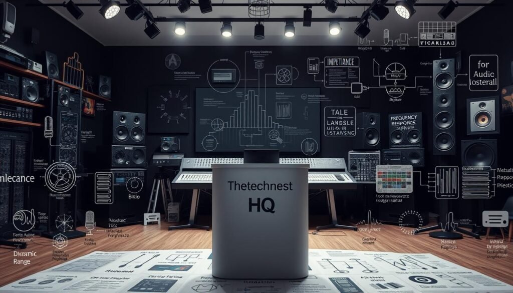 A well-lit studio backdrop showcasing various audio technology gadgets and components, including microphones, speakers, mixing consoles, and digital audio workstation interfaces. In the foreground, an array of technical diagrams, schematics, and infographics that explain common audio jargon such as "impedance," "frequency response," "dynamic range," and "bitrate." The middle ground features a Thetechnest HQ branded podium displaying a sleek, modern design. The overall atmosphere conveys a sense of technical expertise and educational clarity, inviting the viewer to explore and understand the intricacies of audio technology.
